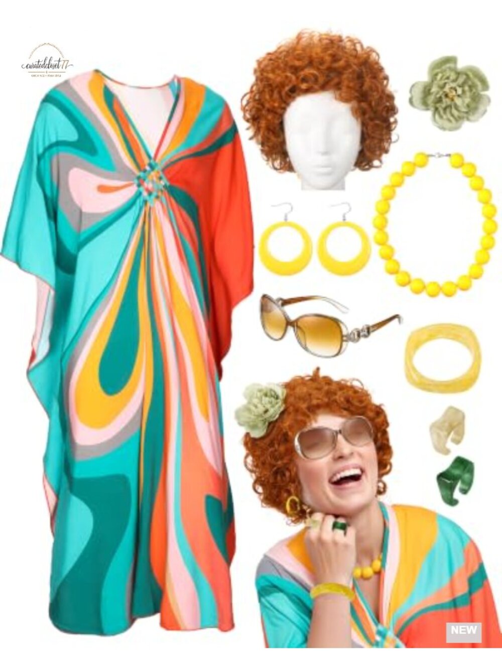 Women Landlady Costume Set Caftan Dress Curly Wig Cosplay Halloween